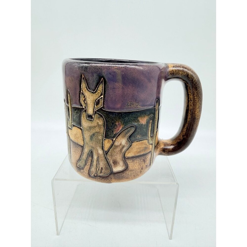 Mara Mexico Handcrafted Ceramic Mug Desert Scene Coyote 16oz Purple Tan